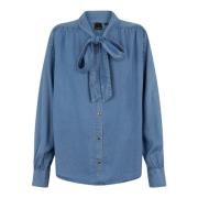 Blauwe Denim Blouse met Strik Detail Pinko , Blue , Dames