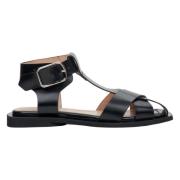 Dames Zwarte Leren Platte Sandalen Er00111648 Estro , Black , Dames