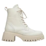 Chunky Heeled Leren Enkellaarzen Estro , Beige , Dames