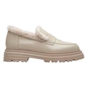 Dames Beige Bontgevoerde Loafers gemaakt van Echt Leer voor Winter Er0...