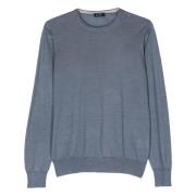 Luxe Wol Zijde Crew-Neck Trui Barba , Blue , Heren