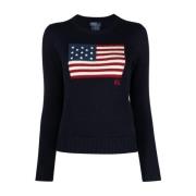 Blauwe Sweater Flag Pullover Ralph Lauren , Blue , Dames