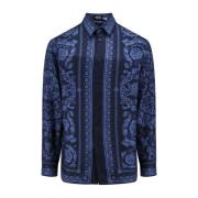 Blauwe Zijden Overhemd met Knoopsluiting Versace , Multicolor , Heren
