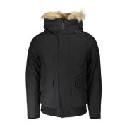 Zwarte katoenen jas met capuchon en bont Woolrich , Black , Heren