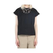 Blouse met korte mouwen en halsdetail N21 , Black , Dames