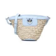 Handgeweven Raffia Leren Tas Natuurlijk Pinko , Beige , Dames