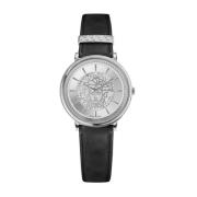 V Circle Zwart Leren Horloge Versace , Gray , Dames