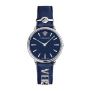 Blauw/Zilver V Circle Leren Horloge Versace , Blue , Dames