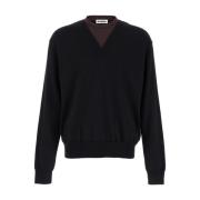 Dubbele hals Crew V-hals Sweater Zwart Jil Sander , Black , Heren