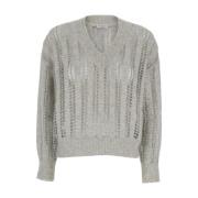 Versierde V-hals Trui Grijs Brunello Cucinelli , Gray , Dames