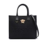 Zwarte Canvas/Leren Schoudertas Versace , Black , Dames