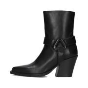 Zwarte Leren Cowboy Enkellaarzen Via Vai , Black , Dames