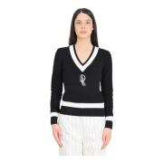 Zwarte V-hals trui met monogram Ralph Lauren , Black , Dames