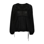 Zwarte Katoenen V-Hals Shirt Pinko , Black , Dames