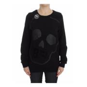 Skull Motive Crew-neck Sweater Exte , Black , Dames