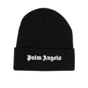 Zwarte Gebreide Muts met Wit Logo Palm Angels , Black , Dames