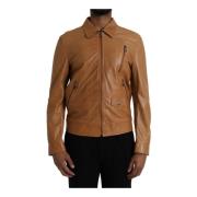 Bruin Leren Zip Blouson Jas Dolce & Gabbana , Brown , Heren