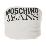 Logo Top Crop Print Wit Geribbeld Moschino , White , Dames