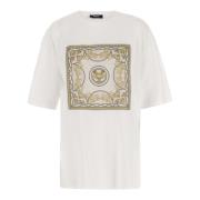 Katoenen T-shirt met Sjaal-stijl Applicatie Versace , White , Dames