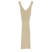 V-Hals Geribbelde Midi Jurk Rodebjer , Beige , Dames