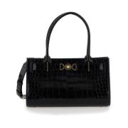 Zwarte Croco Effect Leren Tote Tas Versace , Black , Dames