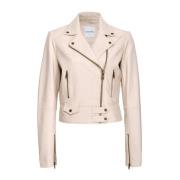 Beige Leren Bikerjack met Metalen Details Pinko , Beige , Dames