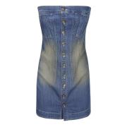 Katoenen Stretch Jurk met Voorknopsluiting ACT N°1 , Blue , Dames