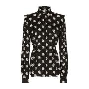Elegante Zwarte Zijden Blouse met Monogram Print Dolce & Gabbana , Bla...
