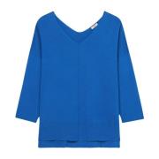 V-hals Oversized Pullover met Zijsplitten Oltre , Blue , Dames
