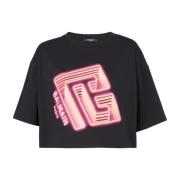 Geknipt T-shirt met neon bedrukt labyrintlogo Balmain , Black , Dames