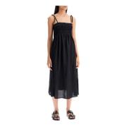 Smocked Midi Jurk in Habotai Ganni , Black , Dames