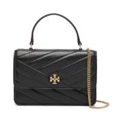 Gestikte Double T Zwarte Leren Tas Tory Burch , Black , Dames