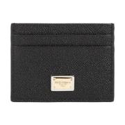 Zwarte Leren Kaarthouder met Logo Plaque Dolce & Gabbana , Black , Dam...