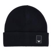 Effen Logo Beanie Muts Emporio Armani , Blue , Heren