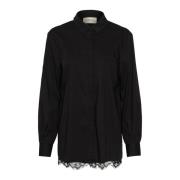 Puff Sleeve Shirt met Kantinzet Cream , Black , Dames