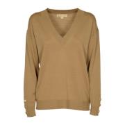 Merino V-Neck Button Sleeve Sweater Michael Kors , Brown , Dames