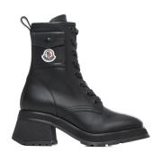 Zwarte Leren Enkellaarzen Moncler , Black , Dames