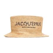 Beige Raffia Hoed met Zwart Logo Jacquemus , Beige , Dames