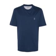 Navy Blue Jersey Crew Neck Logo T-shirt Brunello Cucinelli , Blue , He...