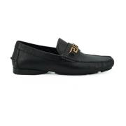 Zwarte Leren Loafers met Gouden Hardware Versace , Black , Heren