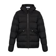 Zwarte gewatteerde jas met capuchon en kompaslogo Stone Island , Black...