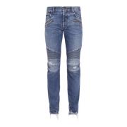 Tapered gescheurde blauwe katoenen jeans Balmain , Blue , Heren