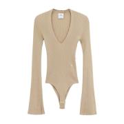 Geribbelde V-hals Body in viscose Courrèges , Beige , Dames