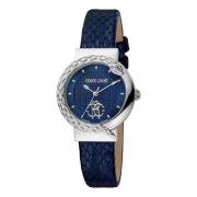 Stijlvol Leren Band Analoog Horloge Roberto Cavalli , Blue , Dames