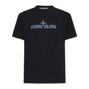 Zwarte Katoenen T-shirt met Blauw Logo Stone Island , Black , Heren