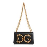 Zwarte Schoudertas met Gouden Logo Dolce & Gabbana , Black , Dames