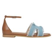 Dames Bruin Leren Sandalen met een Denim Inzet Er00115478 Estro , Mult...