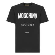 Zwart Katoenen T-shirt met Logo Print Moschino , Black , Heren