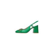 Retro Groene Leren Sandalen met Blokhak Poche Paris , Green , Dames