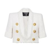 Witte Tweed Cropped Pullover met V-Hals Balmain , White , Dames